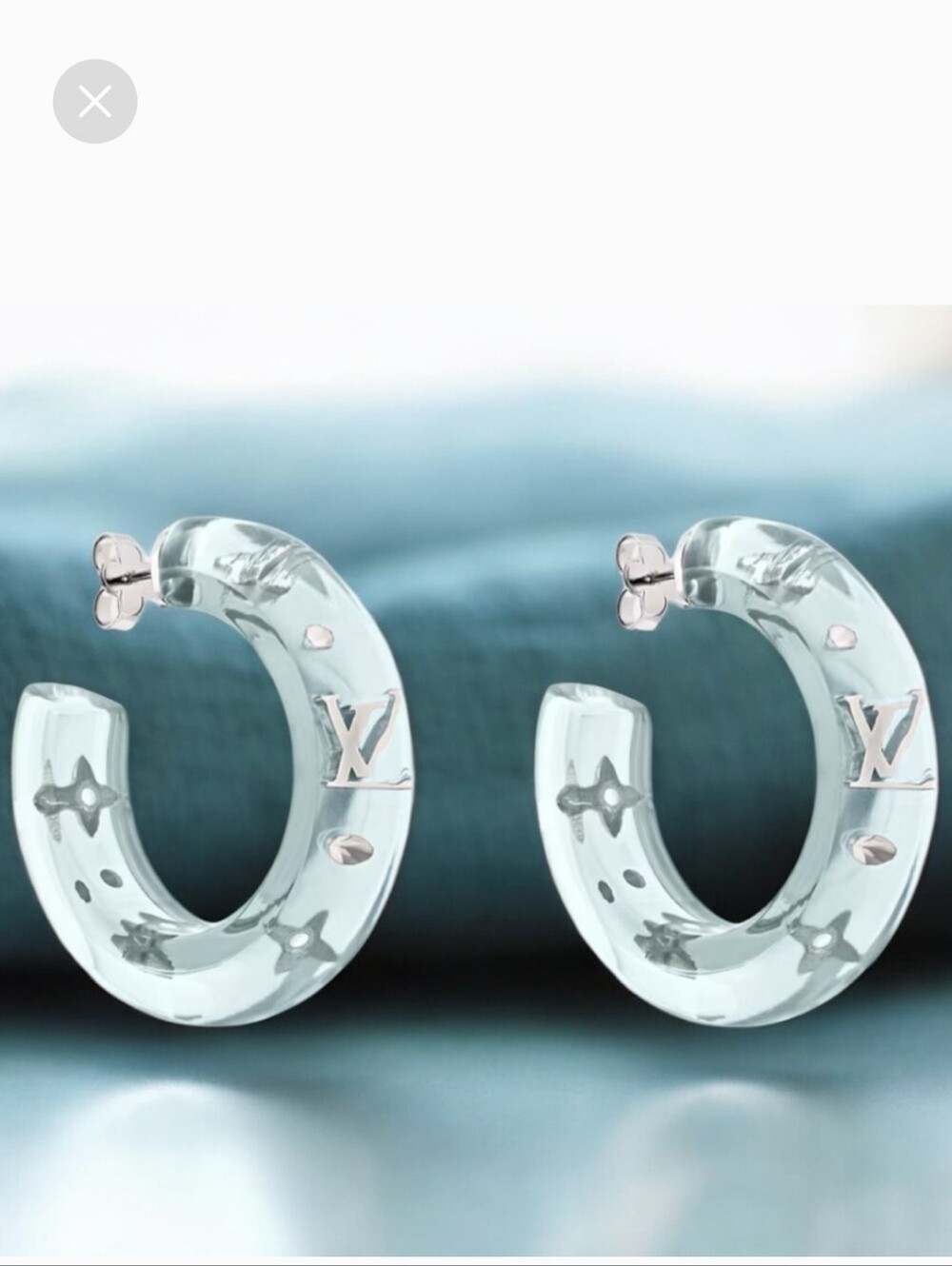 🩵 Louis Vuitton Sparks Light Blue Resin Silver LV Logo Hoop Earrings
